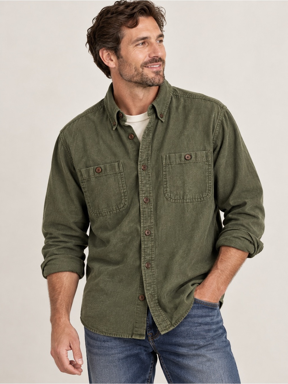 Duluth Trading Co Free Swinging Green Flannel Relaxed Fit Button Down Shirt Men